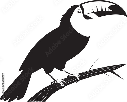 Toucan on Branch Silhouette – Black Line Vector Illustration Featuring Serrated Beak and Tropical Perch