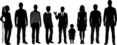 Standing people silhouettes vector set showing men, women, child, and business figures for social, family, teamwork, and lifestyle concepts