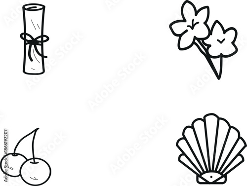 A black and white illustration of four objects a scroll flowers cherries and a scallop shell