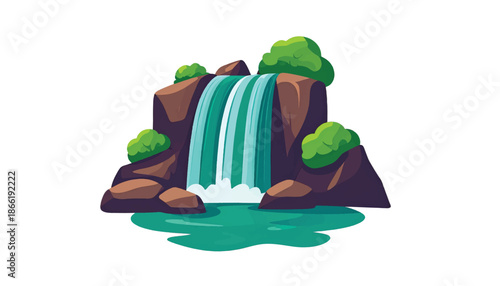 Cartoon Waterfall Scene with Rocks and Lush Greenery.