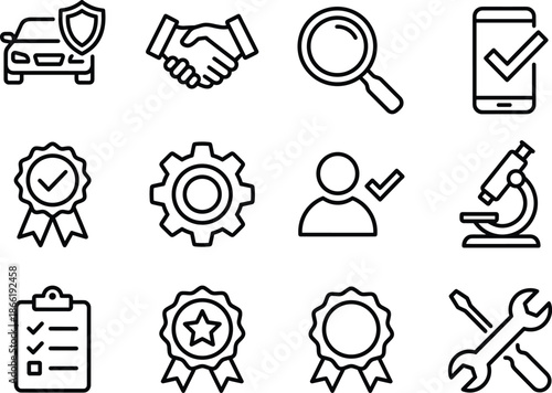 Set of 12 black line icons for verification, research, and professional tools including approval, inspection, and maintenance symbols