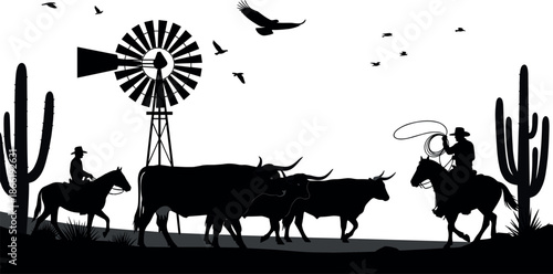 Western cowboy ranch silhouette vector illustration with cattle herd windmill desert landscape isolated on white background for country themed design projects