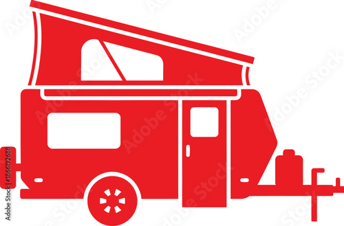 Red silhouette of a modern pop up camper trailer for off road travel and camping adventures featuring a rugged design with raised roof isolated on white background illustration.