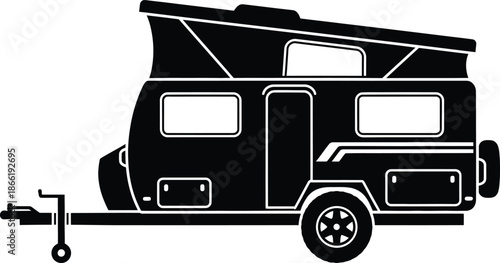 Black silhouette of a modern pop up camper trailer for off road travel and camping adventures featuring a rugged design with raised roof isolated on white background illustration.