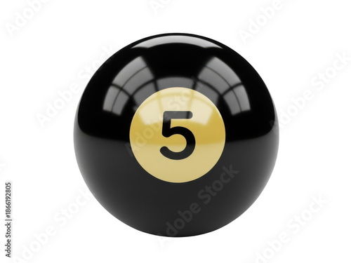 Black pool ball with number 5 on a gold circle isolated on transparent background