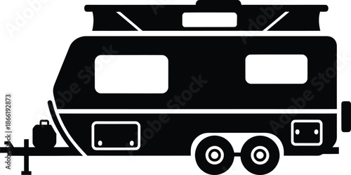 Black silhouette of a dual axle pop up camper trailer for off road travel and camping adventures featuring a modern design with raised roof isolated on white background illustration.