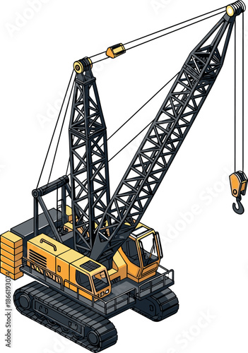 Yellow crawler crane with lattice boom and hook – tracked construction equipment by flavector