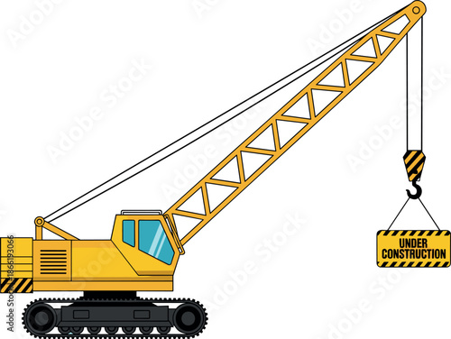 Yellow crane lifting ‘Under Construction’ sign – tracked construction equipment by flavector