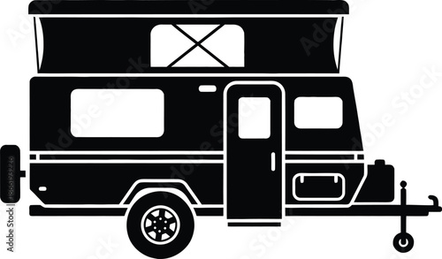 Black silhouette of a modern pop up camper trailer for off road travel and camping adventures featuring a raised roof and rugged design isolated on white background illustration.