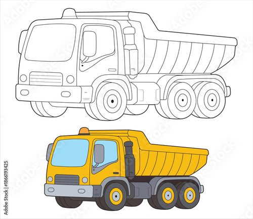 Cute Dump Truck Construction Vehicle Illustration for Kids Coloring Page