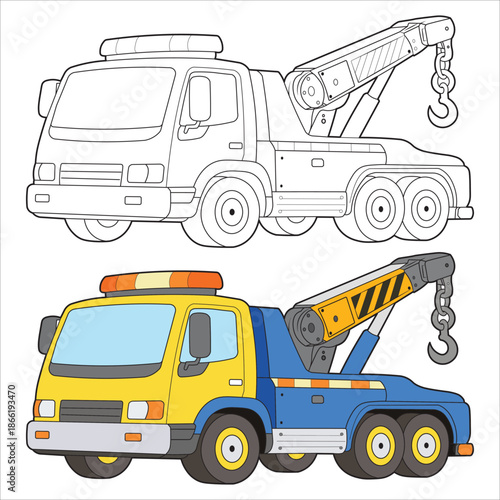 Cute Tow Truck Construction Vehicle Illustration for Kids Coloring Page