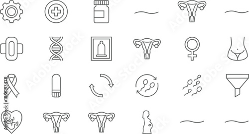 Reproductive health icon set featuring gynecology maternity pregnancy fetal development contraception and female wellness symbols in clean linear style.