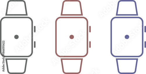 Smartwatch icon set featuring wearable technology fitness tracker and mobile connectivity symbols in colorful linear outline design styles.