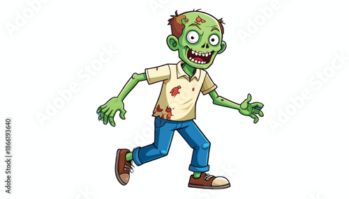 Cartoon Zombie Character Walking with Green Skin and Tattered Clothes.
