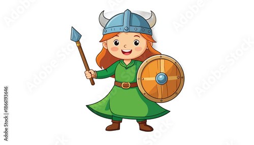 Cartoon Viking Girl Ready for Adventure with Spear and Shield.