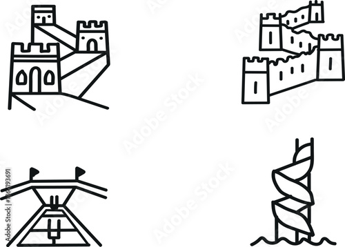 Medieval castle and fortification architectural elements illustrations