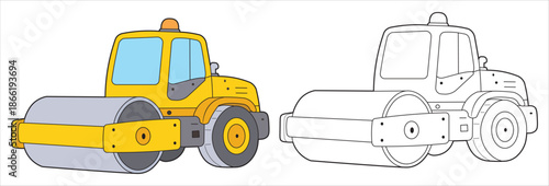 Cute Road Roller Construction Vehicle Illustration for Kids Coloring Page