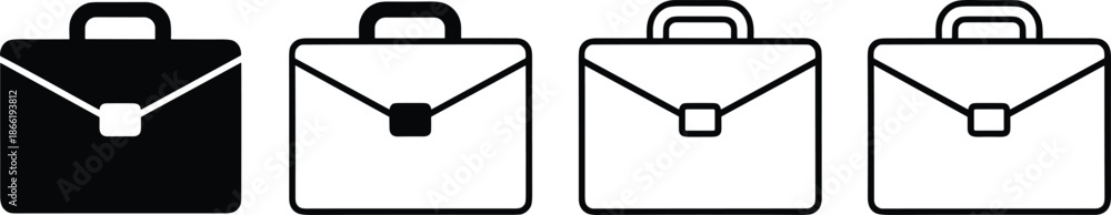 Fototapeta premium Professional briefcase icon set featuring business attaché case symbols in solid and linear styles for corporate office branding.