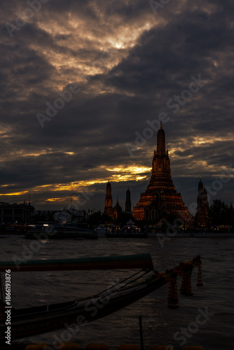 Photography An abstract, blurred background of nighttime lights along the Chao Phraya River in Bangkok, with Wat Arun, a popular tourist attraction visited by travelers from around the world, in the background