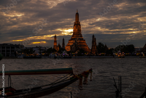 Photography An abstract, blurred background of nighttime lights along the Chao Phraya River in Bangkok, with Wat Arun, a popular tourist attraction visited by travelers from around the world, in the background