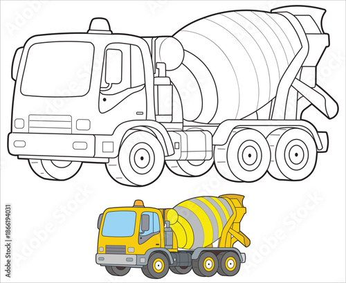 Cute Concrete Mixer Truck Construction Vehicle Illustration for Kids Coloring Page