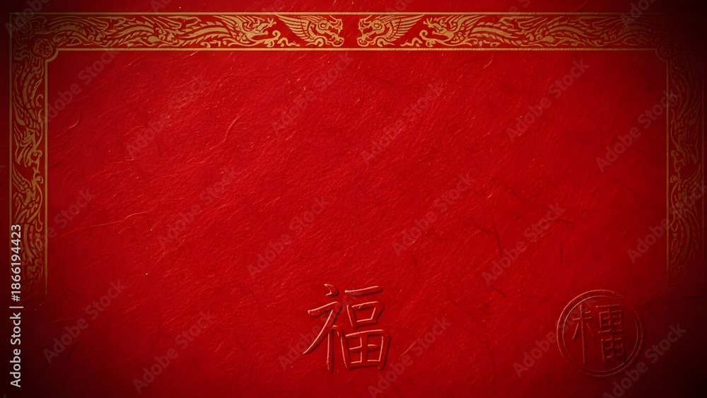 Fototapeta premium Elegant red textured background with decorative borders and symbols