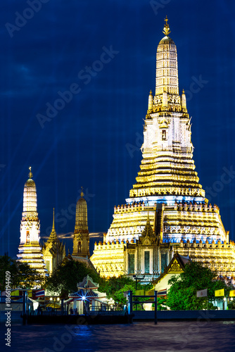 Photography An abstract, blurred background of nighttime lights along the Chao Phraya River in Bangkok, with Wat Arun, a popular tourist attraction visited by travelers from around the world, in the background