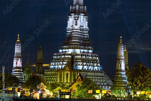 An abstract, blurred background of nighttime lights along the Chao Phraya River in Bangkok, with Wat Arun, a popular tourist attraction visited by travelers from around the world, in the background.