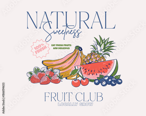 hand drawing fruit illustration. Mix fruit design. t shirt print, Always fresh fruits graphic print design. Fruit market artwork.  poster, Embroidery. summer fruit print art. 