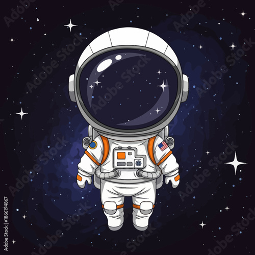 Cute Astronaut Floating in Space Among Stars and Nebula - Vector Illustration