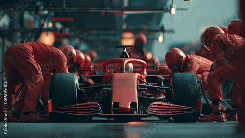 Professional racing car in pit stop with team mechanics working.