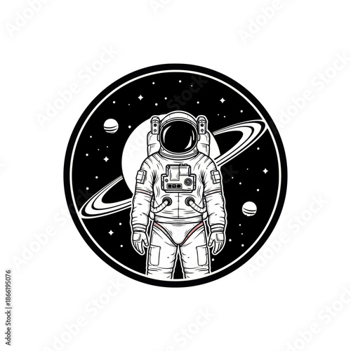 Astronaut in Outer Space with Planets and Ringed Planet Illustration