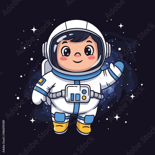 Cute Cartoon Astronaut Kid Waving Hello in Outer Space with Stars and Nebula