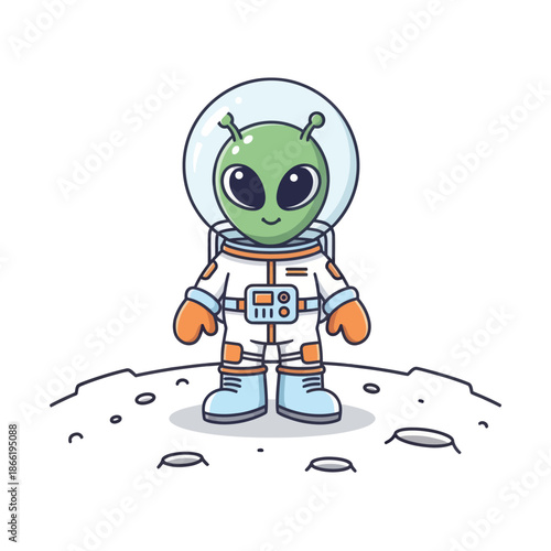 Cute cartoon alien astronaut standing on the moon surface, space exploration, friendly extraterrestrial