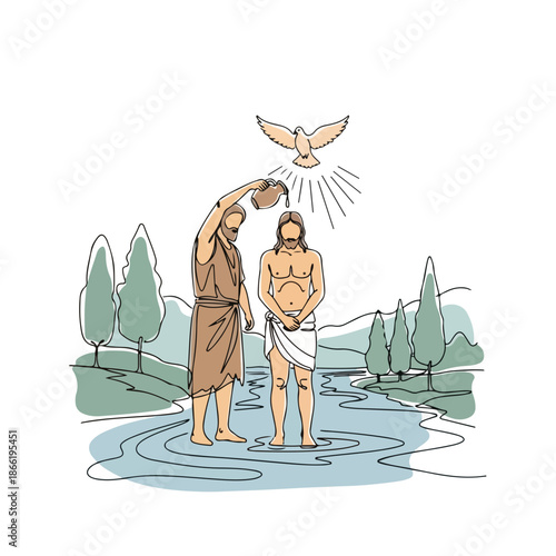 Baptism of Jesus by John in river, scene from the Bible depicting spiritual moment with apostles observing. Baptism of Christ illustrates divine presence with dove, reflecting teachings of disciples.