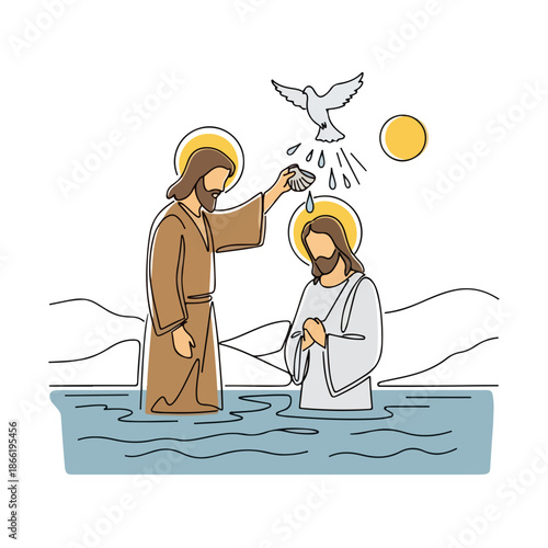 Baptism of Jesus in river with apostles and disciples witnessing scene from the Bible, dove symbolizing spirit descending, bright sun illuminating tranquil setting.