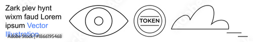 Vision, identity verification, technology, cloud computing, data security, graphic design. Minimalist icons display an eye, a token symbol and a cloud. Vision and identity verification concept