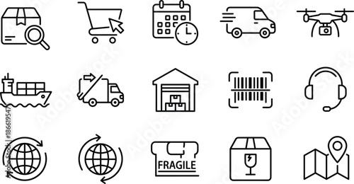 Set of 16 black line icons for logistics, shipping, and e-commerce including delivery, fragile items, and global tracking