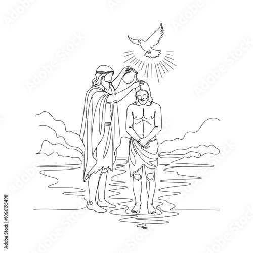 Baptism of Jesus scene with Christ and John the Baptist in water, dove representing the Holy Spirit above.