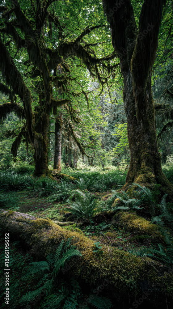 Fototapeta premium Hoh Rain Forest Lush Landscape in Olympic National Park Washington, Hiking through Ancient Mossy Trees and Ferns, Pacific Northwest Nature Adventure and Forest Travel Scenery