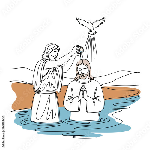 Line art illustration depicting baptism of Jesus, with John Baptist pouring water over head and Holy Spirit represented by dove. This significant biblical event, baptism of Jesus,