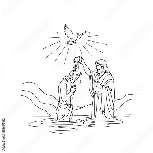 The baptism of Christ depicted in black and white line art, showing John the Baptist pouring water over Jesus in a river. This sacred biblical scene, illustrating the baptism of Jesus,