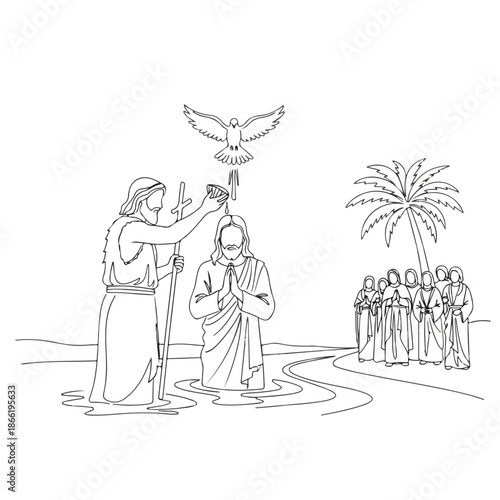 Religious scene depicting baptism of Christ with John Baptist performing holy sacrament. New Testament narrative shows Jesus immersed in river Jordan as dove descends, observed by apostles.