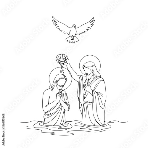 Monoline art shows baptism of Jesus, Holy Spirit dove descends. New Testament scene depicts sacred baptism of Jesus, performed by John. Visual for religious education, church media,