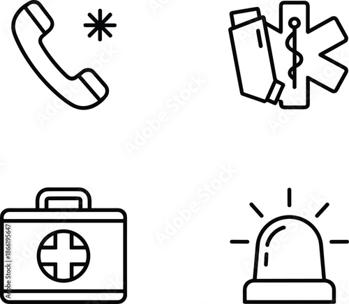 Emergency medical icon set featuring asthma inhaler with star of life first aid kit siren and phone call symbols.
