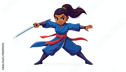 Cartoon Ninja Girl with Katana Sword in Action Pose.