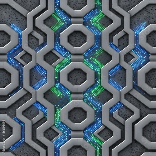 Abstract futuristic circuit board pattern with blue and green glowing neon digital data paths on metal background