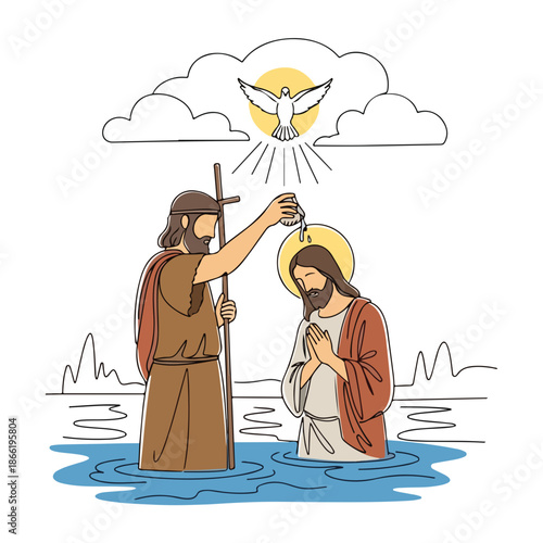 Continuous line art illustration showing Jesus baptism with John Baptist in river, holy dove above. Sacred Jesus baptism scene illuminates spiritual moment, divine light on Jesus head.