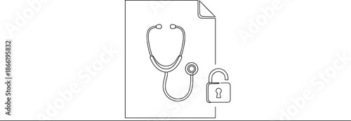 Medical record security icon featuring stethoscope on document with unlocked padlock symbol for healthcare data privacy and access.