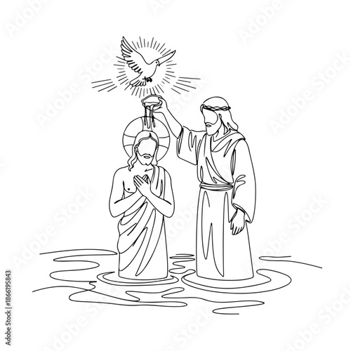 Minimalist line art drawing shows baptism of Christ. John baptizes Jesus in river as Holy Spirit dove descends. Significant New Testament event, ideal for spiritual teachings of baptism of Christ.